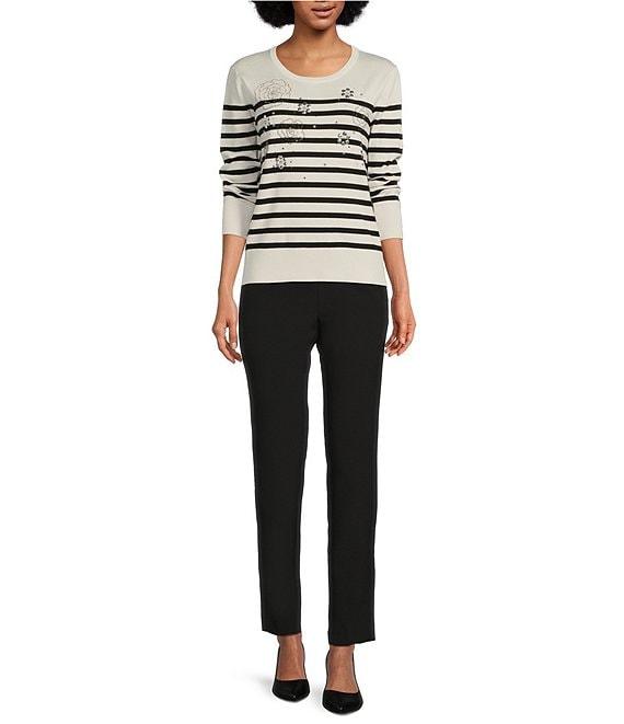 KARL LAGERFELD PARIS Stripe Floral Embellished Crew Neck 3/4 Sleeve Sweater Product Image