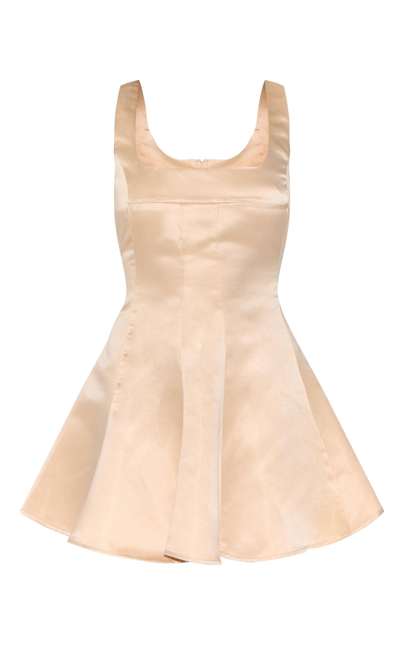  Almond Satin Square Neck Pleated Shift Dress Product Image