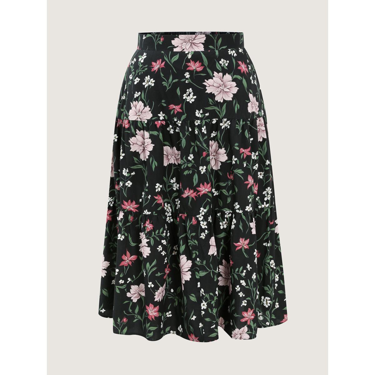 Plus Size Floral Print Stretchy Waistband Maxi Skirt Women Black Romantic No stretch Side seam pocket Elegant Skirts BloomChic 12/L Product Image