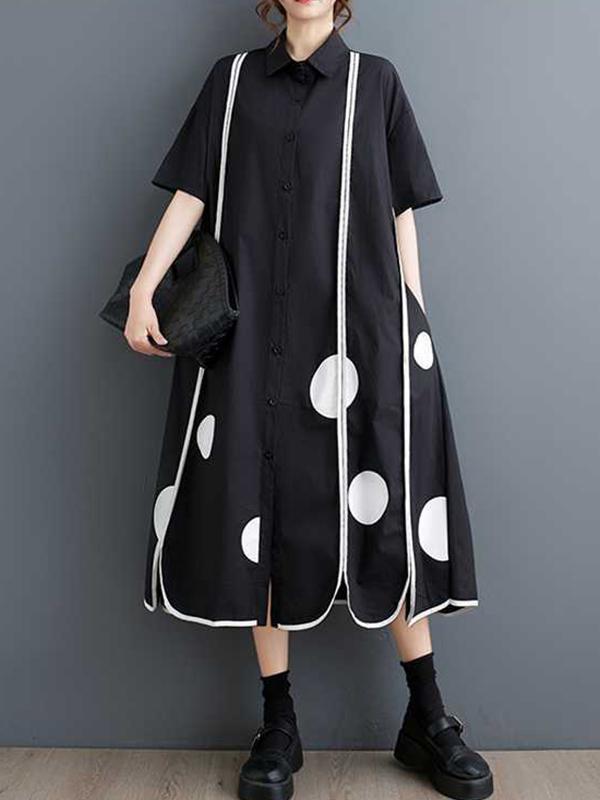 A-Line Half Sleeves Buttoned Pockets Polka-Dot Split-Front Split-Joint Lapel Midi Dresses Shirt Dress Product Image