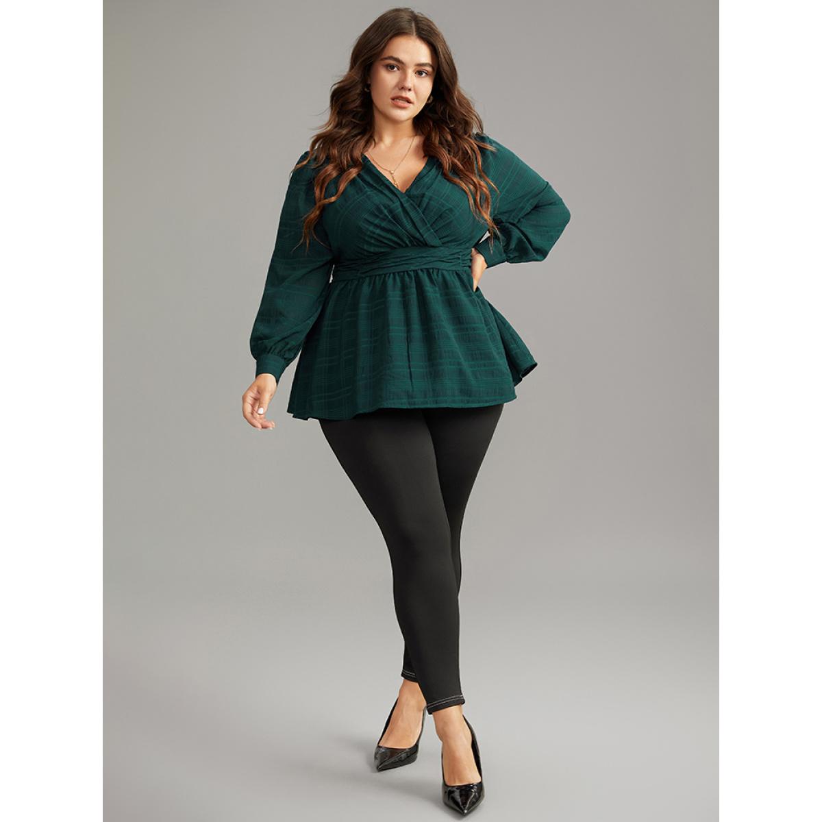 Plus Size DarkGreen Plaid Wrap Ruched Lantern Sleeve Blouse Women Office Long Sleeve V-neck Office Blouses BloomChic 28/5X Product Image