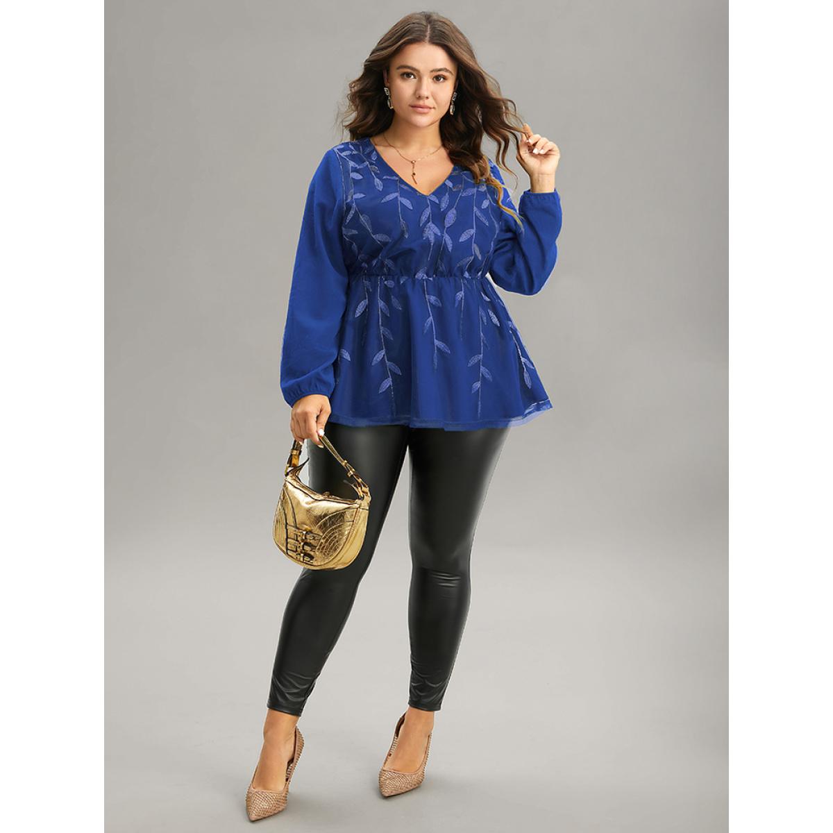 Plus Size Blue Leaves Embroidered Sequin Tiered Mesh Blouse Women Glamour Long Sleeve V-neck Party Blouses BloomChic 26/4X Product Image