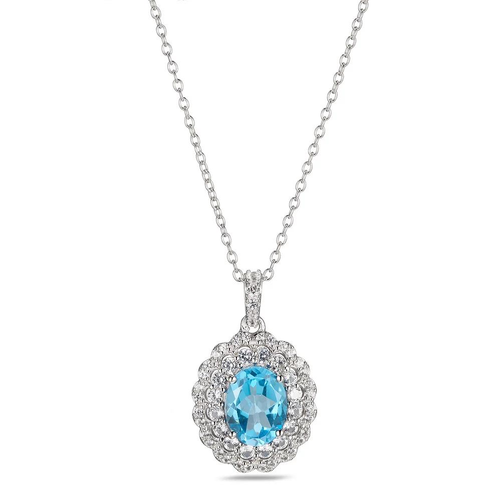 Sterling Silver Genuine Blue Topaz & Lab-Created White Sapphire Double Halo Pendant Necklace, Women's, Size: 18" Product Image