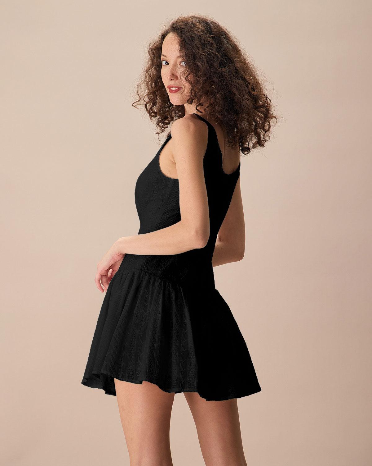 Women's Black Boat Neck Jacquard Cotton Mini Dress Female Product Image