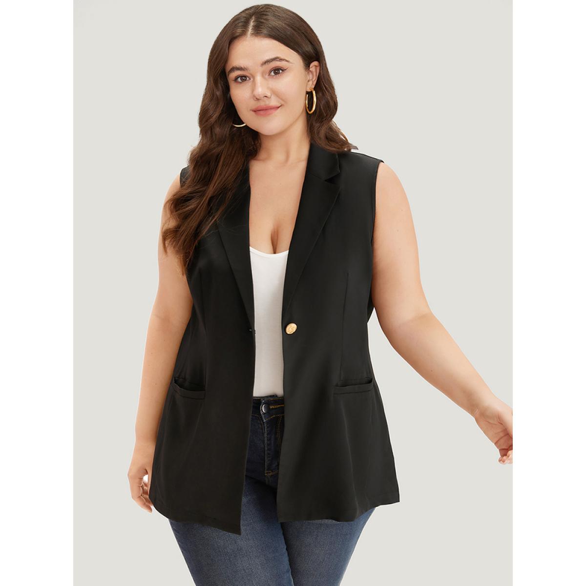 Plus Size Plain Buckle Detail Lapel Collar Pocket Sleeveless Blazer Black Women Work Plain Plain Sleeveless Sleeveless Lapel Collar 10/M Pocket Workwear Essentials Blazers BloomChic Product Image