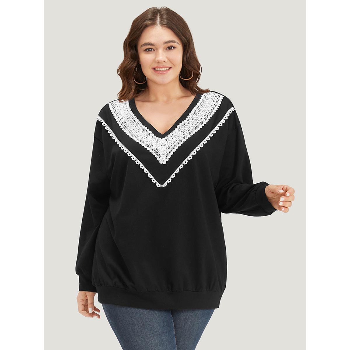 Plus Size Lace Insert V Neck Elastic Cuffs Sweatshirt Women Black Elegant Elastic cuffs V-neck Dailywear Sweatshirts BloomChic 22-24/3X Product Image
