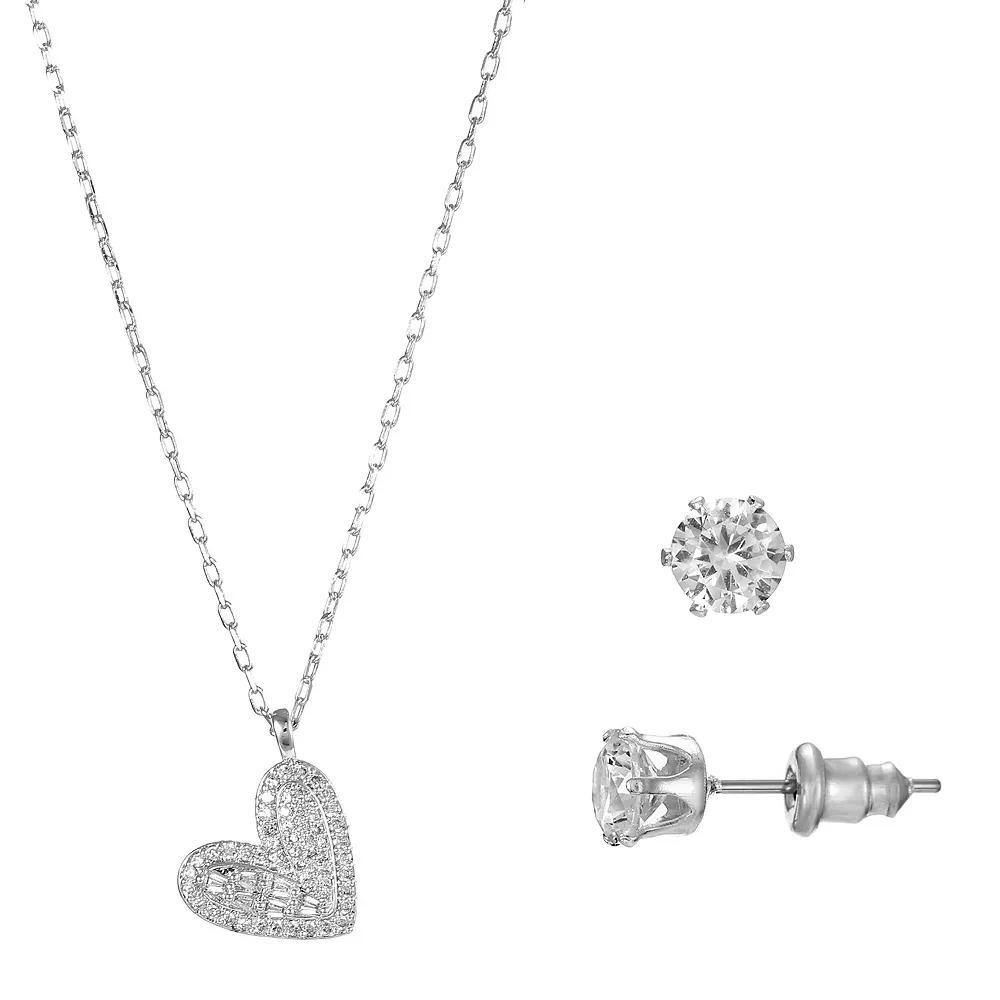 Silver Tone Cubic Zirconia Pave Heart Pendant Necklace & Stud Earrings Set, Women's, Silver Tone Clear Product Image