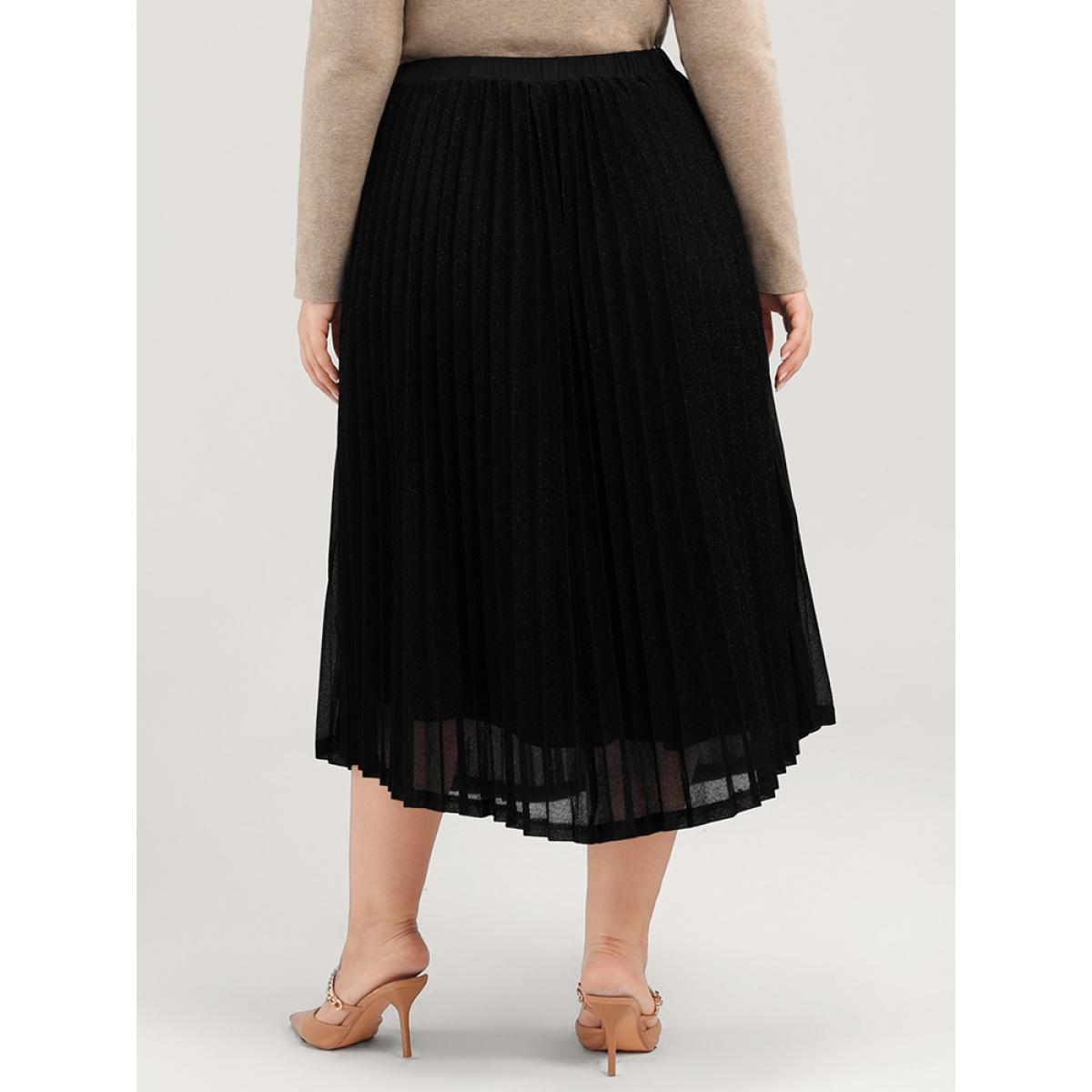 Plus Size Solid Pleated Mesh Elastic Waist Skirt Women Black Glamour Pleated No stretch Going out Skirts BloomChic 30/6X Product Image