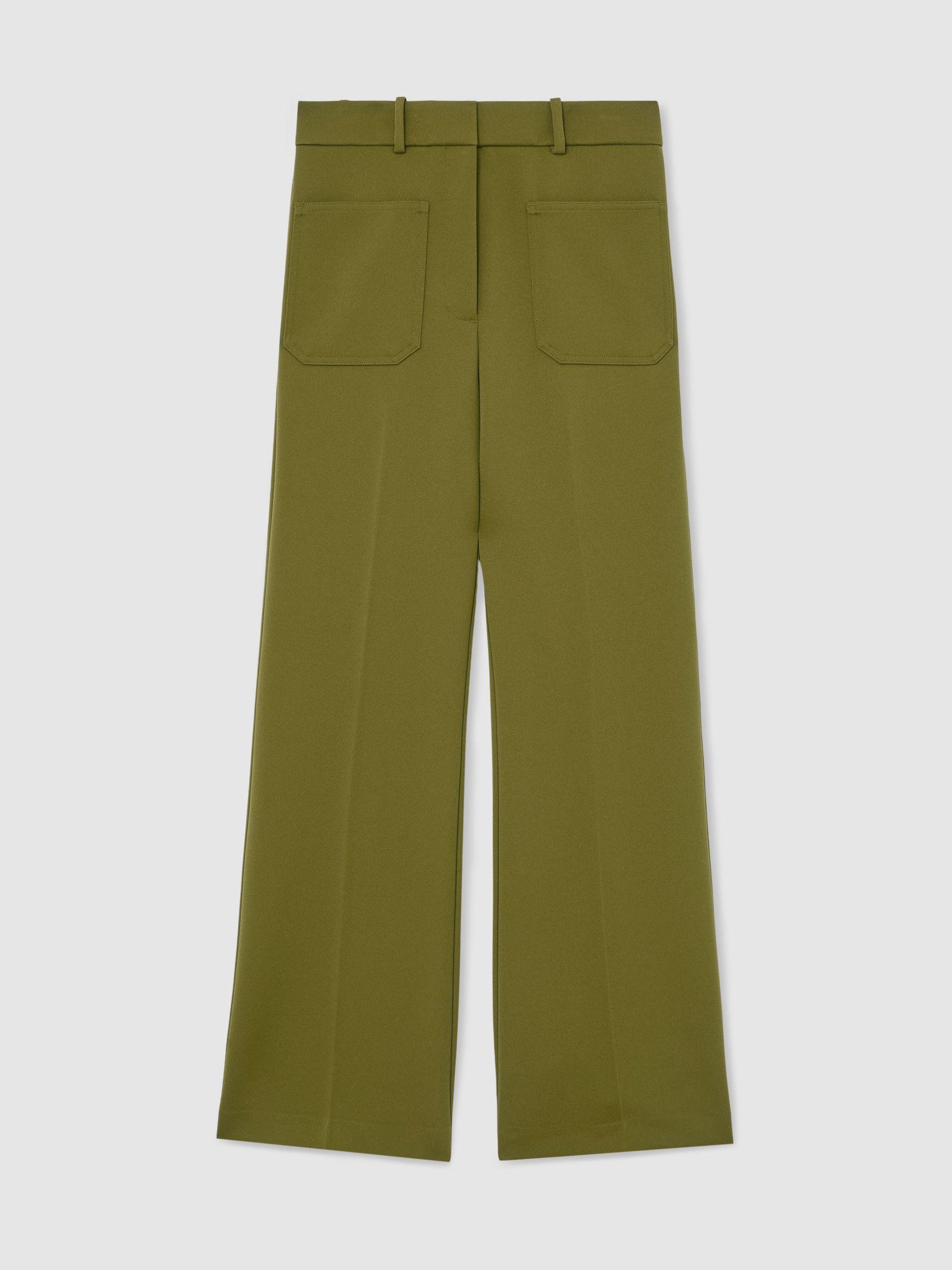 Twill High-Rise Flared Trousers in Chartreuse Green Product Image