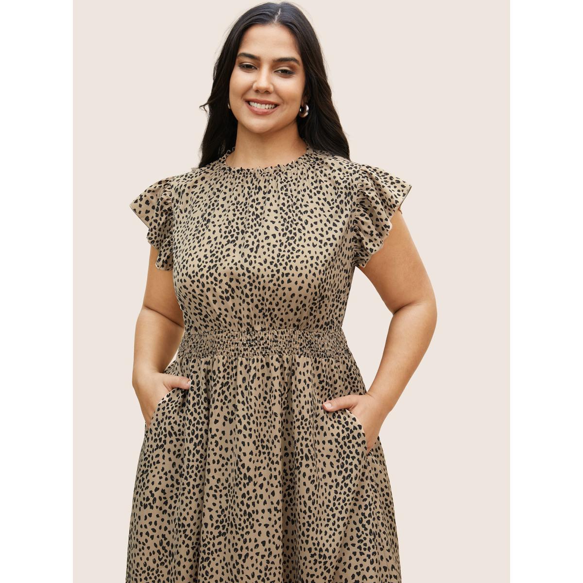 Plus Size Leopard Print Frill Trim Cap Sleeve Dress Bronze Women At the Office Round Neck Cap Sleeve Curvy BloomChic 26/4X Product Image