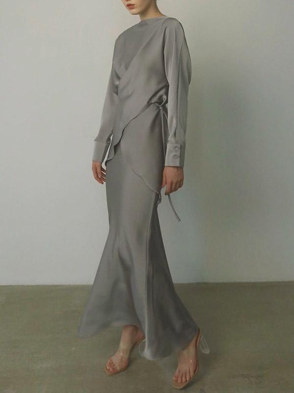 Loose Solid Color Split-Joint Boat Neck Long Sleeves Blouse & Shirt + Skirt Two Pieces Set Product Image