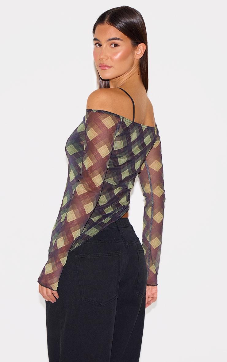 Multi Checked Bardot Asymmetric Hem Long Sleeve Top Product Image