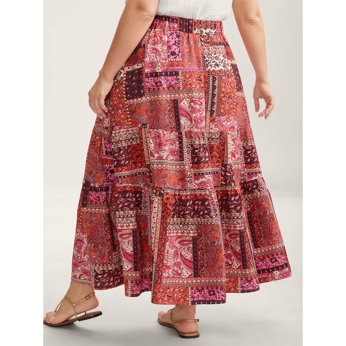 Plus Size Geometric Collage Waist-Tie Maxi Skirt Women Brightorange Resort Loose No stretch Side seam pocket Vacation Skirts BloomChic 22-24/3X Product Image