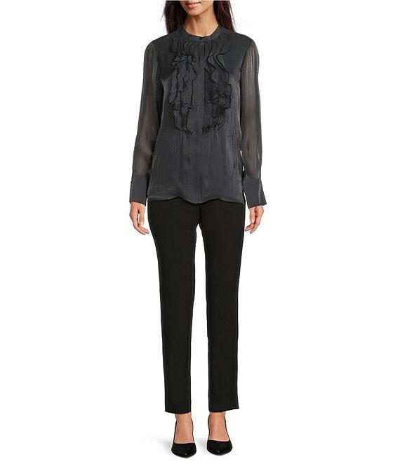 KARL LAGERFELD PARIS Organza Collared Long Sleeve Ruffle Front Blouse Product Image