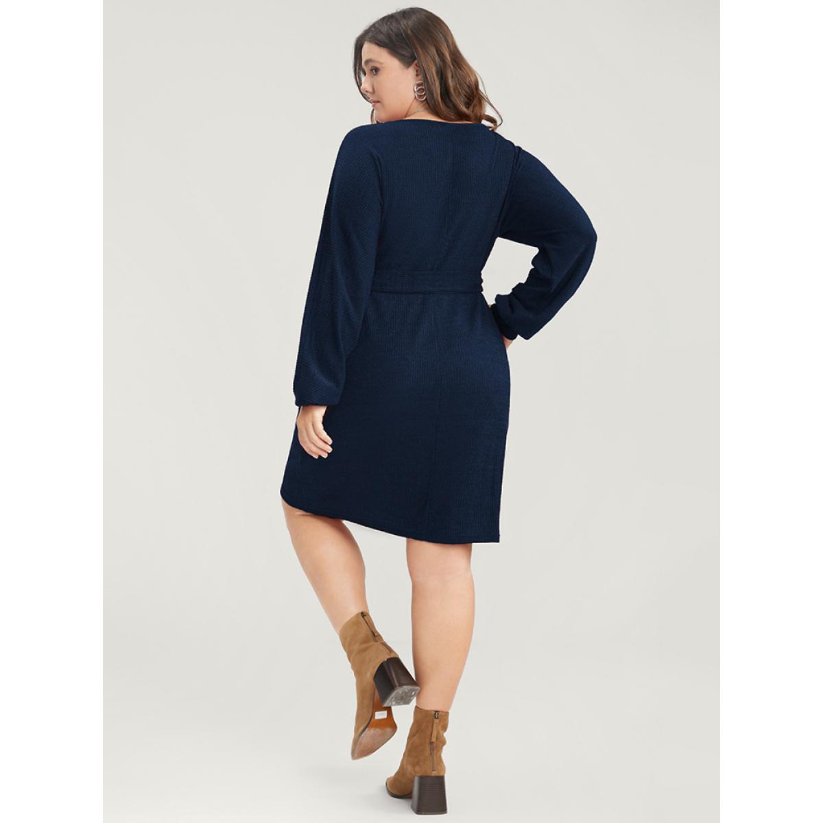 Plus Size Solid Surplice Neck Belted Knit Dress Navy Women Glamour Cross straps V-neck Long Sleeve Curvy Knee Dress BloomChic 18-20/2X Product Image