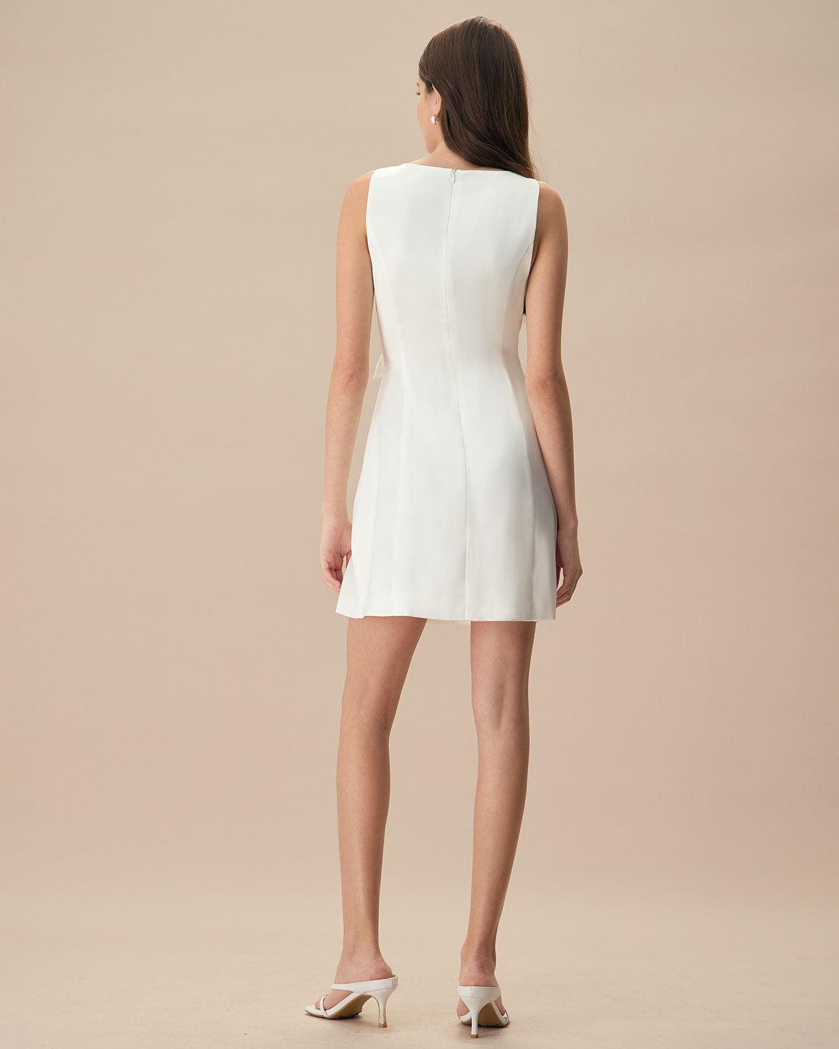 The White Boat Neck Bowknot Satin Mini Dress Product Image