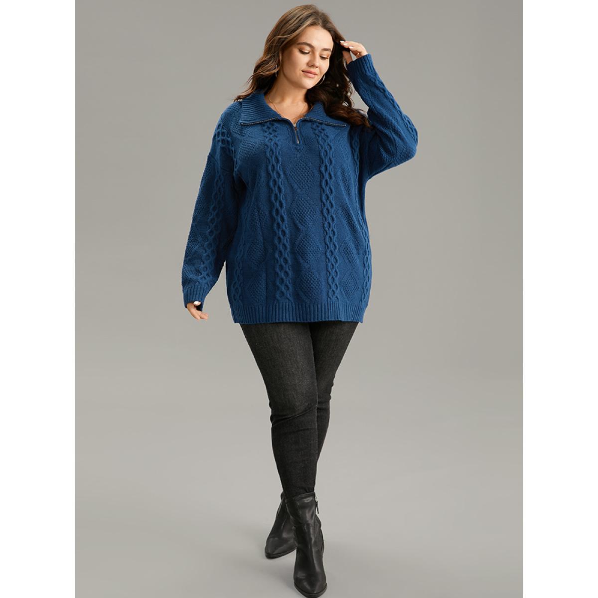 Plus Size Zipper Lapel Collar Cable Knit Pullover Indigo Women Casual Loose Long Sleeve Lapel Collar Dailywear Pullovers BloomChic 28/5X Product Image