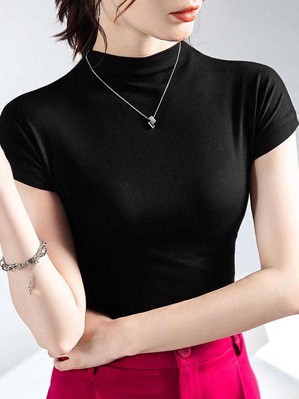 Short Sleeves Skinny Solid Color Mock Neck T-Shirts Tops Product Image