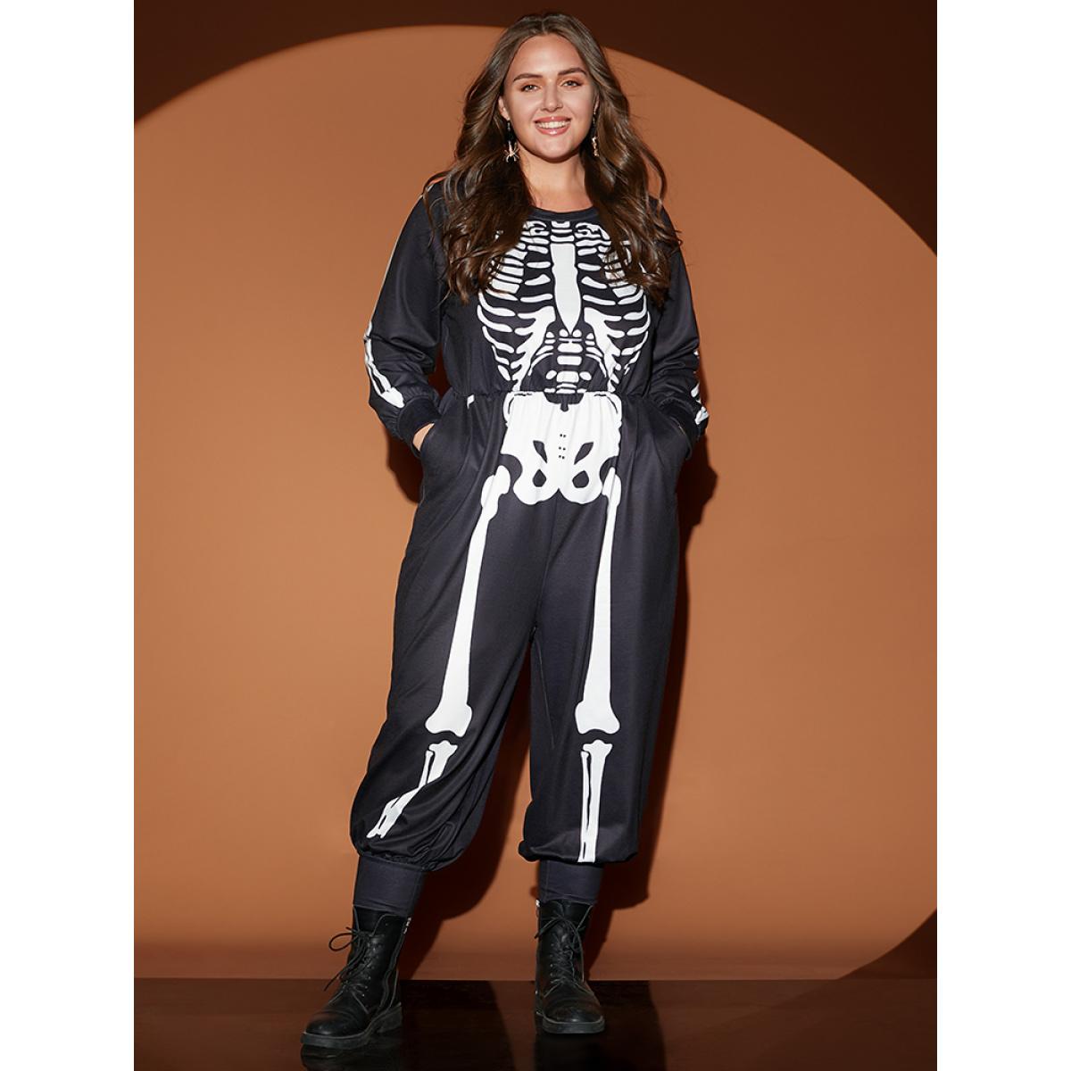 Plus Size Black Halloween Skull Print Round Neck Pocket Jumpsuit Women Casual Long Sleeve Round Neck Festival-Halloween Loose Jumpsuits BloomChic 14-16/1X Product Image