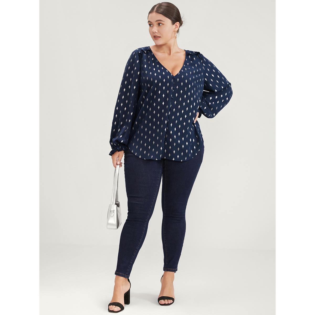 Plus Size Indigo Geometric Print Lantern Sleeve V Neck Blouse Women Party Long Sleeve V-neck Going out Blouses BloomChic 12/L Product Image
