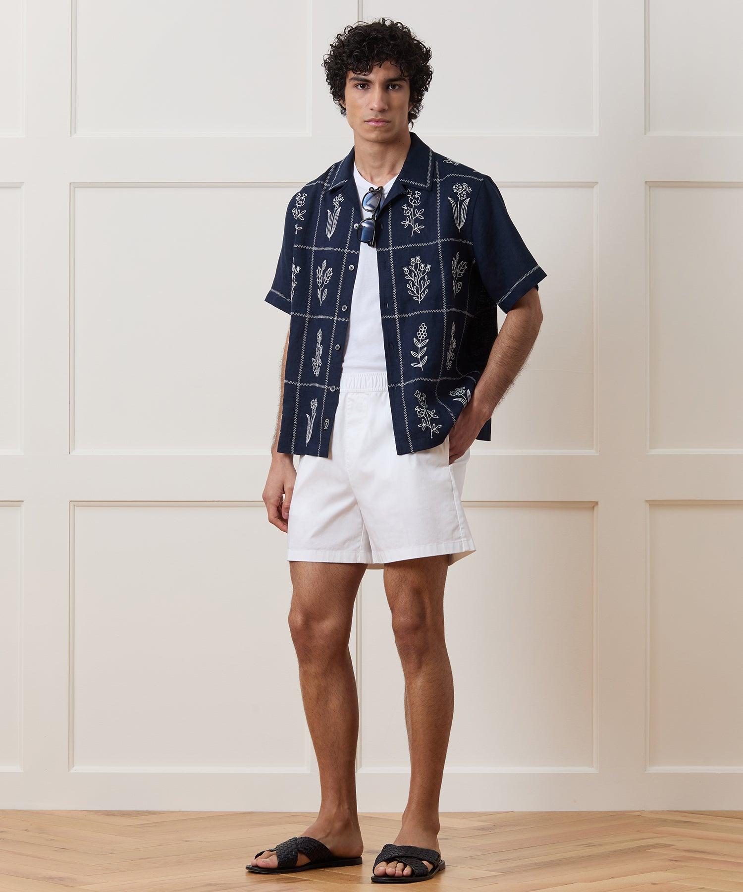 Cropped Embroidered Linen Camp Collar Shirt Product Image