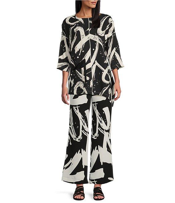 IC Collection Woven Abstract Print Boat Neck 3/4 Sleeve Asymmetrical Tunic Product Image