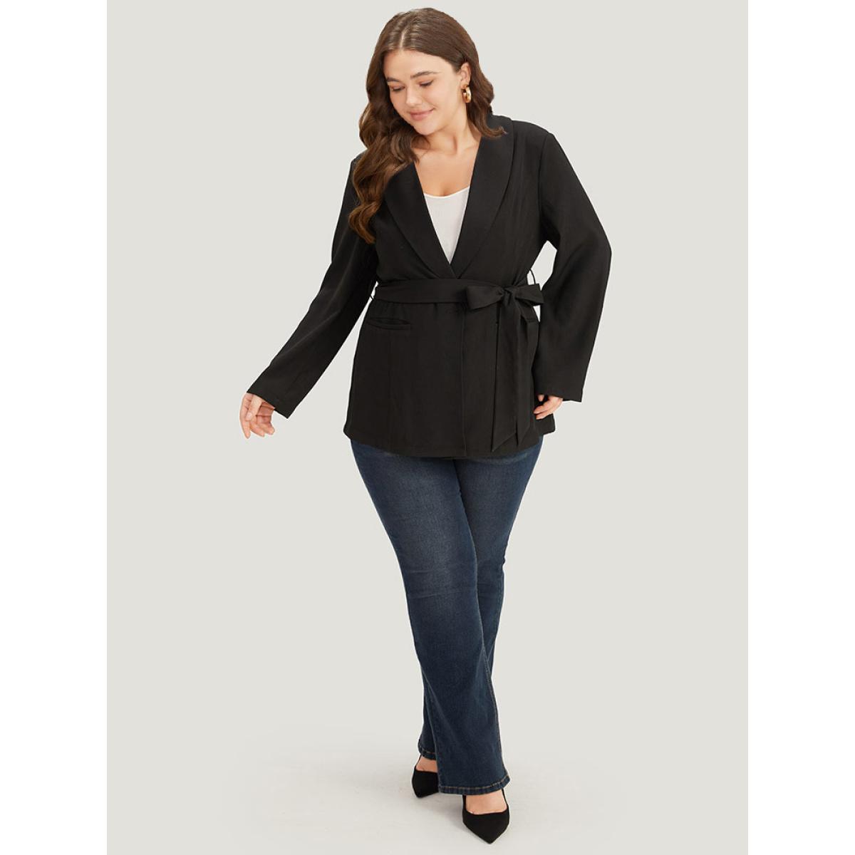 Plus Size Plain Ties Pocket Belted Lapel Collar Blazer Black Women Office Plain Plain Sleeve Long Sleeve Lapel Collar 26/4X Pocket Belt Workwear Essentials Blazers BloomChic Product Image