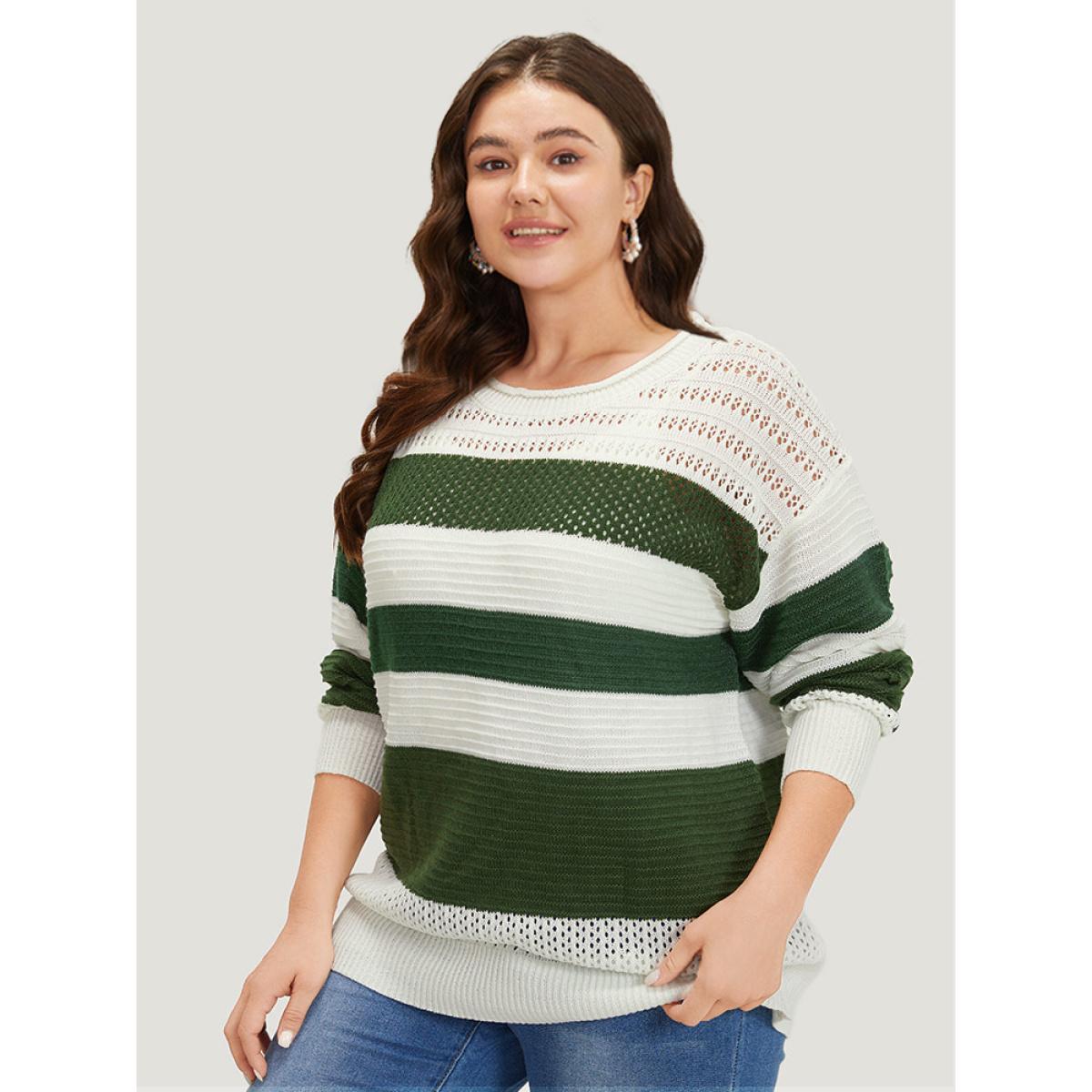 Plus Size Two Tone Colorblock Patchwork Cut Out Pullover Ivory Women Casual Loose Long Sleeve Round Neck Dailywear Pullovers BloomChic 12/L Product Image