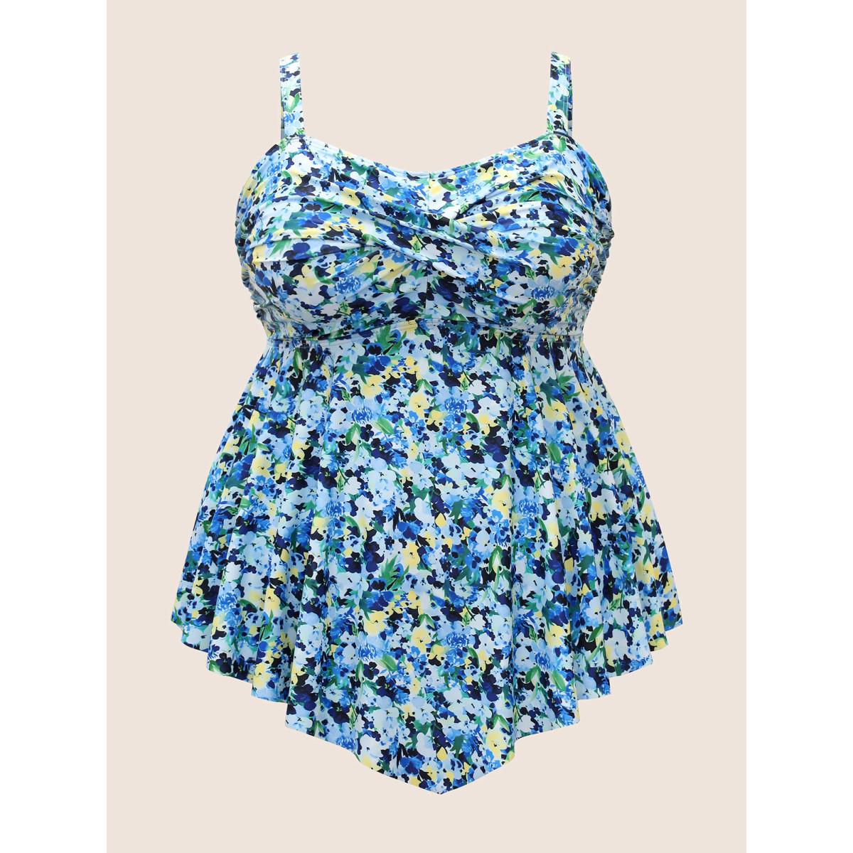 Plus Size Ditsy Floral Crossover Adjustable Straps Swim Top Women's Swimwear Multicolor Beach Twist High stretch Bodycon Heart neckline Curve Swim Tops BloomChic 18-20/2X Product Image