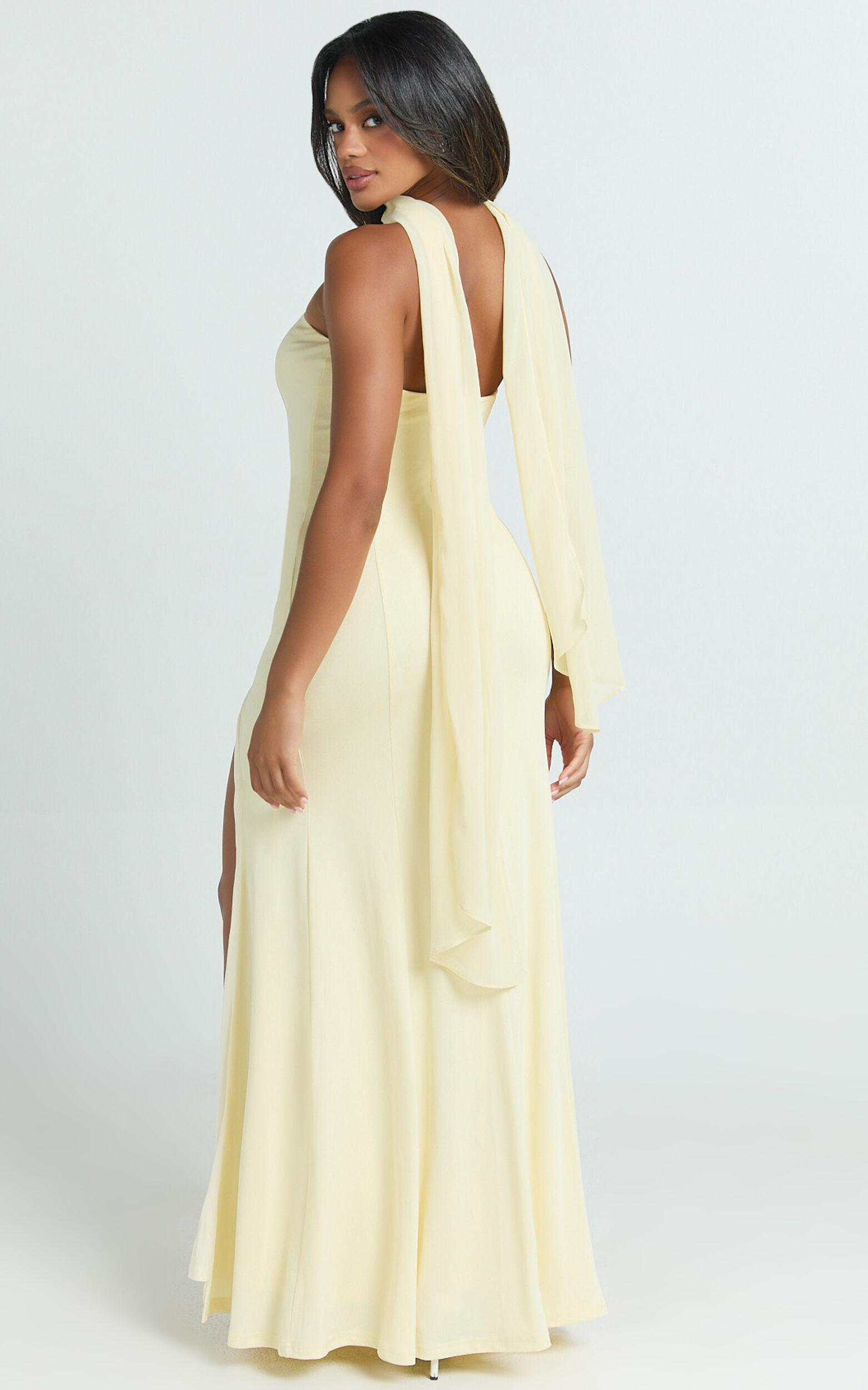 Dorothea Maxi Dress - Georgette Scarf Fit and Flare Dress in Lemon Product Image