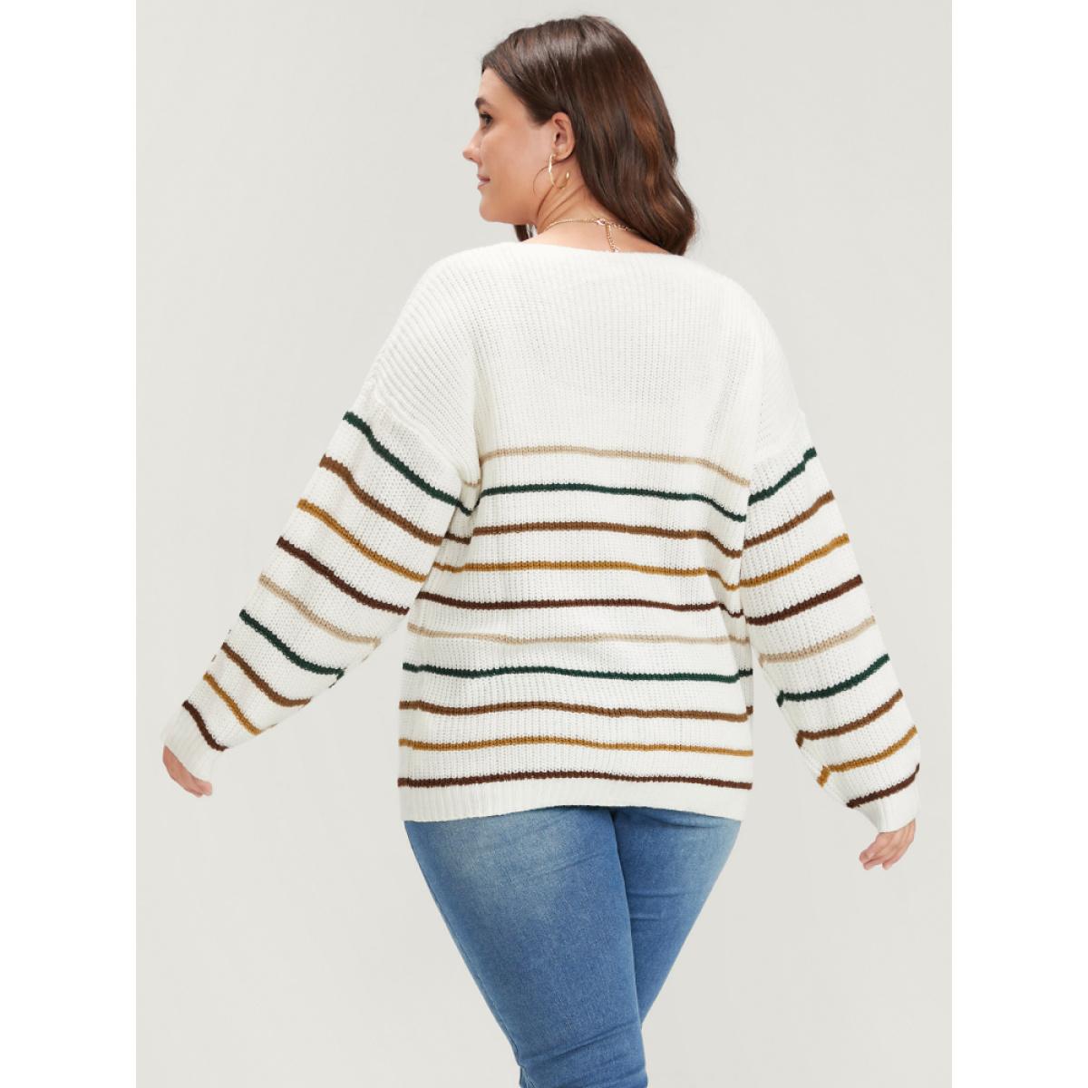 Plus Size Striped Contrast Pointelle Knit V Neck Knit Top White Women Elegant Loose Long Sleeve V-neck Dailywear Pullovers BloomChic 18-20/2X Product Image