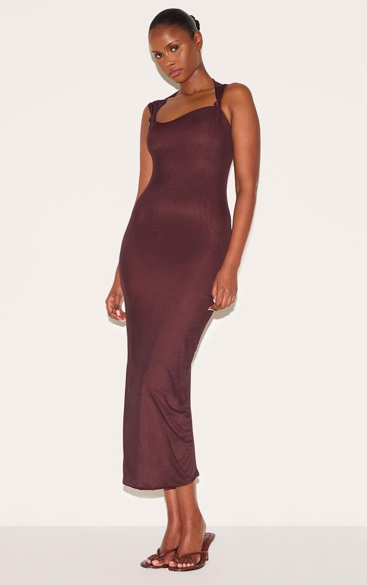 Dark Taupe Lined Mesh Asymmetrical Knotted Midaxi Dress Product Image