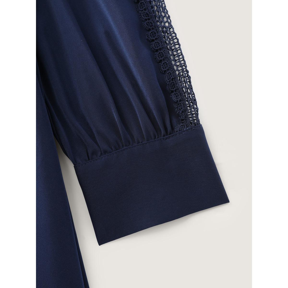 Plus Size Bowknot Neckline Flowy Tiered Midi Dress Indigo Women Retro Tie knot Shirt collar Long Sleeve Curvy BloomChic 12/L Product Image