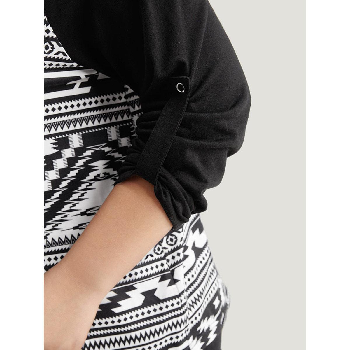 Plus Size Geometric Patchwork Button Down T-shirt Black Women Casual Contrast Geometric Open Front Dailywear T-shirts BloomChic 18-20/2X Product Image