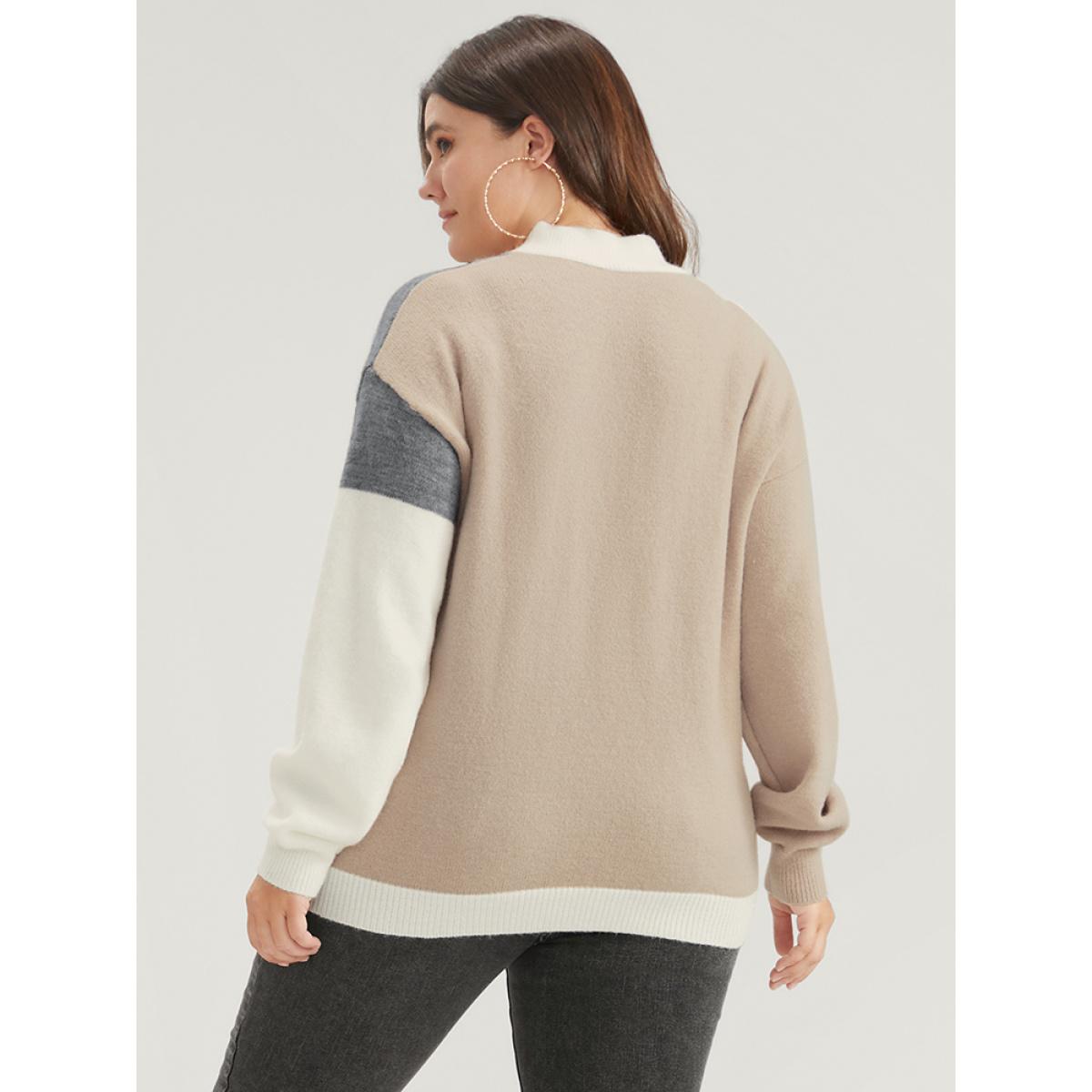 Plus Size Colorblock Contrast Pointelle Knit Heather Mock Neck Knit Top Multicolor Women Casual Long Sleeve Mock Neck Dailywear Pullovers BloomChic 30/6X Product Image