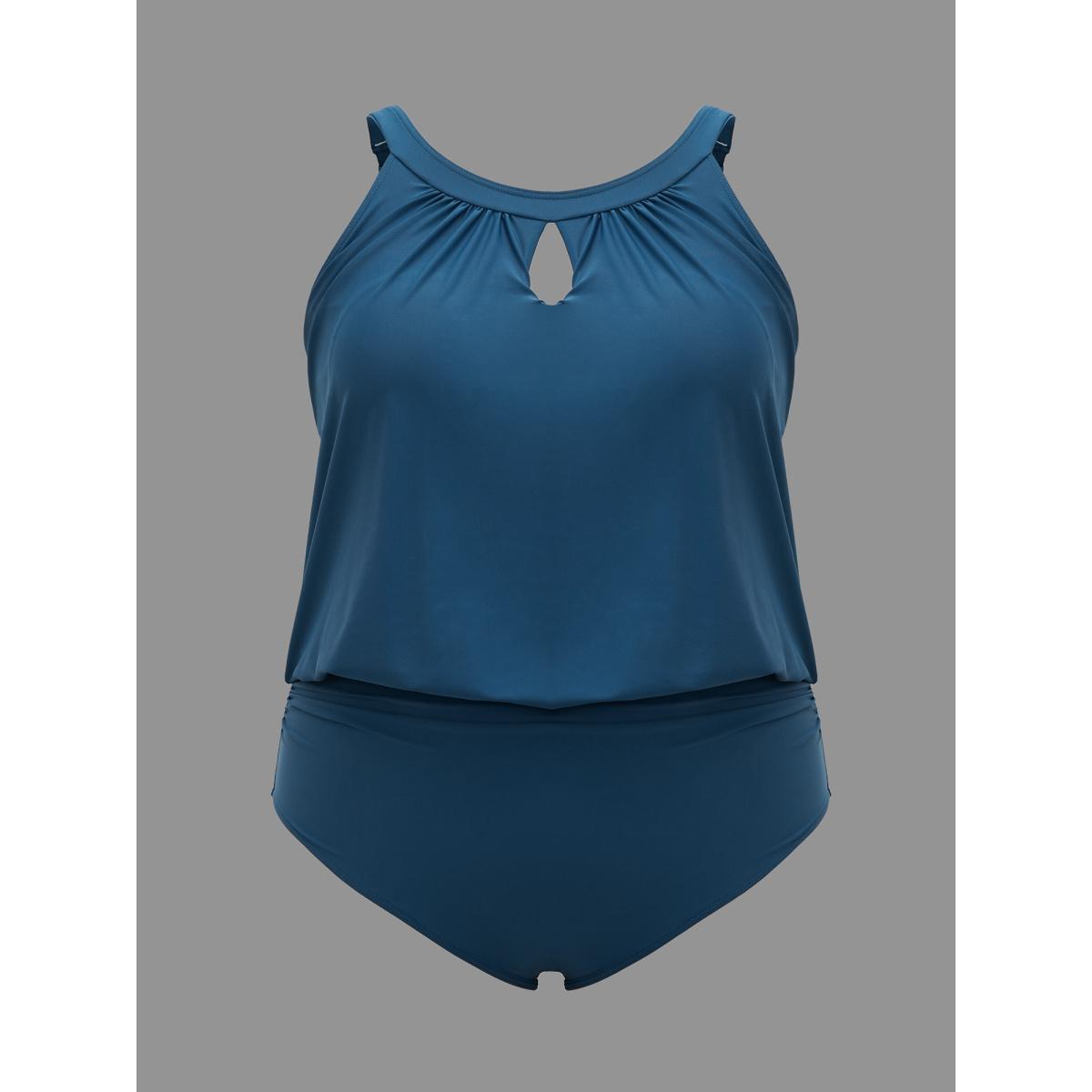 Plus Size Sleeveless Keyhole Gathered One Piece Swimsuit Women's Swimwear Aegean Beach Gathered Curve Bathing Suits High stretch One Pieces BloomChic 12/L Product Image