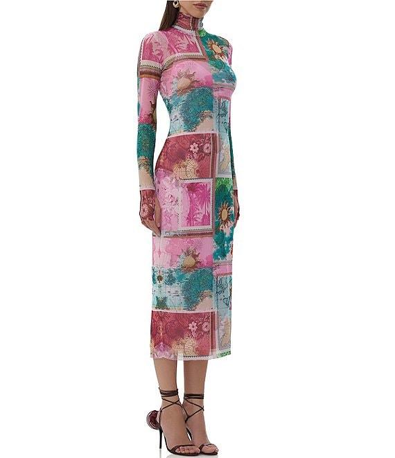 AFRM Shailene Tropical Postcard Print Mock Neck Long Sleeve Fitted Midi Dress Product Image