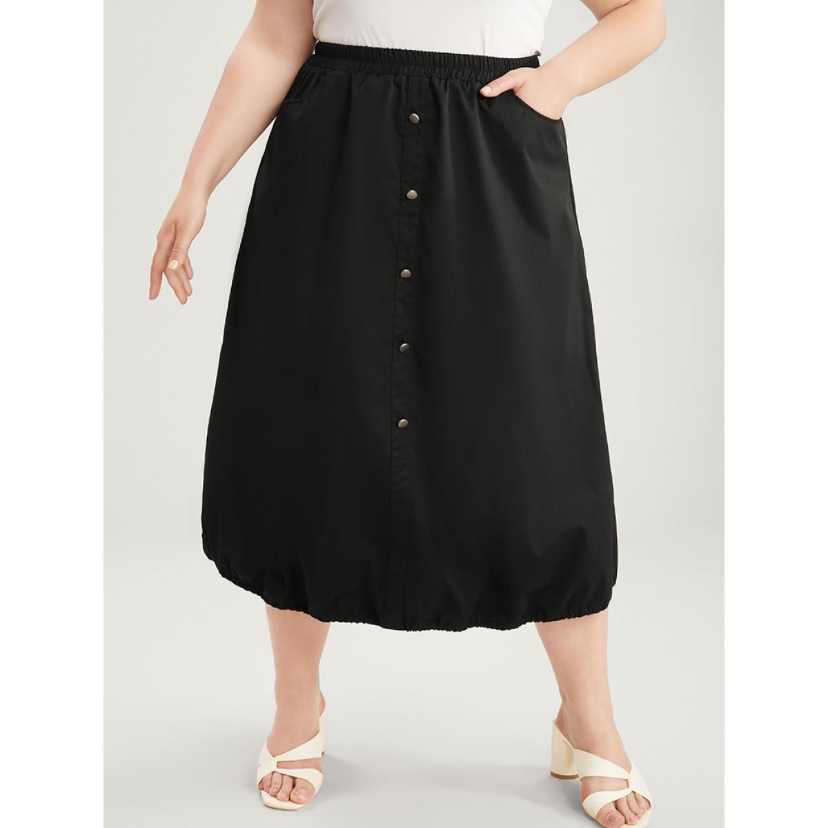 Plus Size Solid Pocket Button Detail Drawstring Hem Skirt Women Black Elegant Drawstring No stretch Pocket Dailywear Skirts BloomChic 14-16/1X Product Image