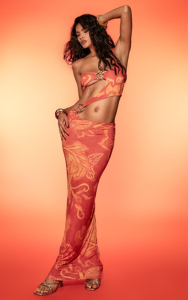 Orange Floral Print Double Layer Slinky Trim Detail Maxi Dress Product Image