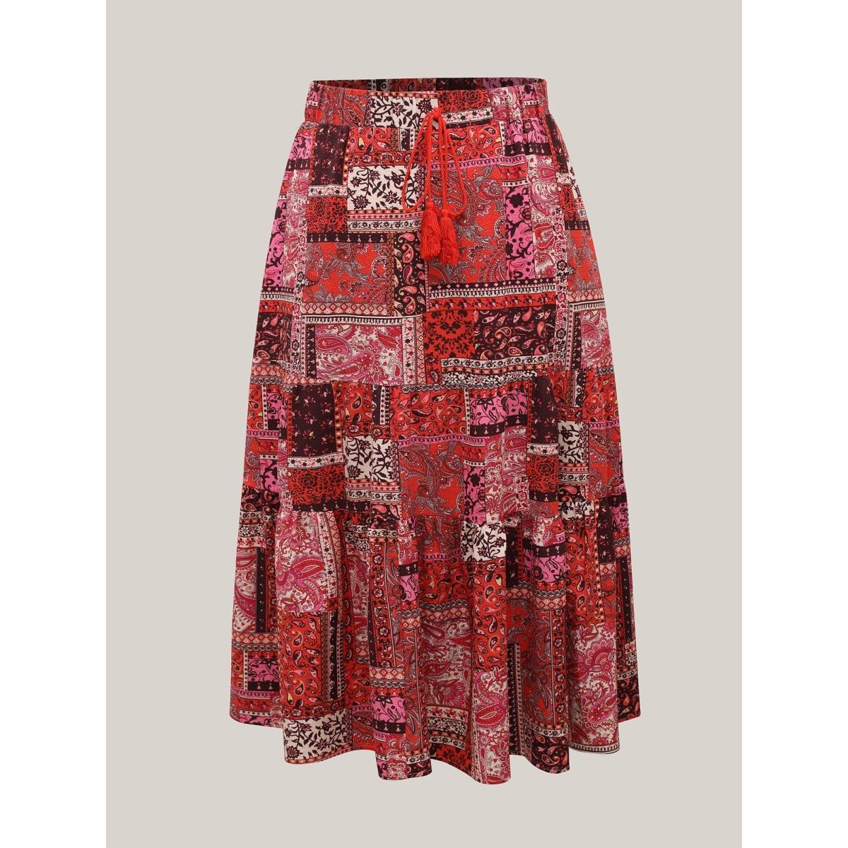 Plus Size Geometric Collage Waist-Tie Maxi Skirt Women Brightorange Resort Loose No stretch Side seam pocket Vacation Skirts BloomChic 22-24/3X Product Image