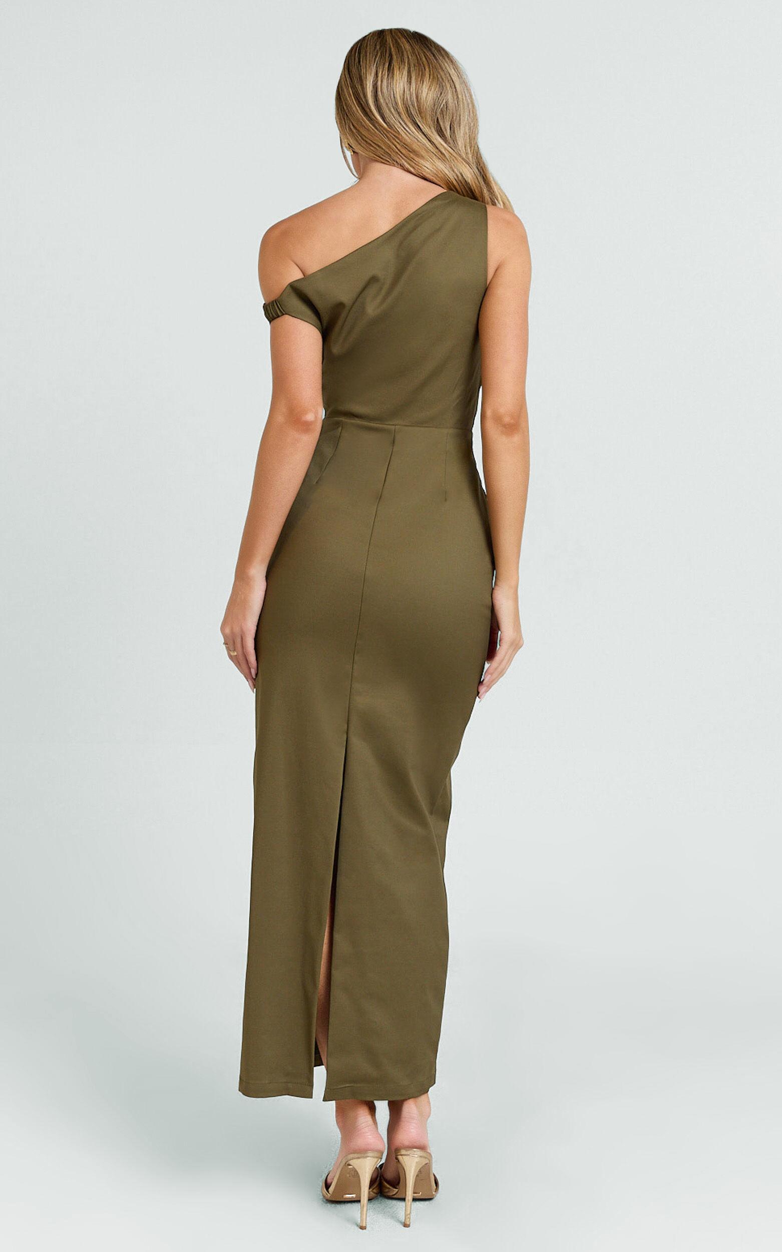 Alexandria Midi Dress - Tip Shoulder Draped Fitted Dress in Olive Product Image