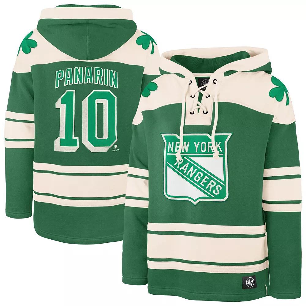 Men's '47 Artemi Panarin Kelly Green New York Rangers St. Patrick's Day Player Name & Number Lacer Pullover Hoodie, Size: 2XL, Ran Green Product Image