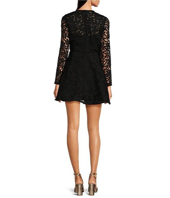 Muse by Marchesa Iris Schiffli Lace Floral Embroidered Round Neck Long Sleeve Fit and Flare Mini Dress Product Image