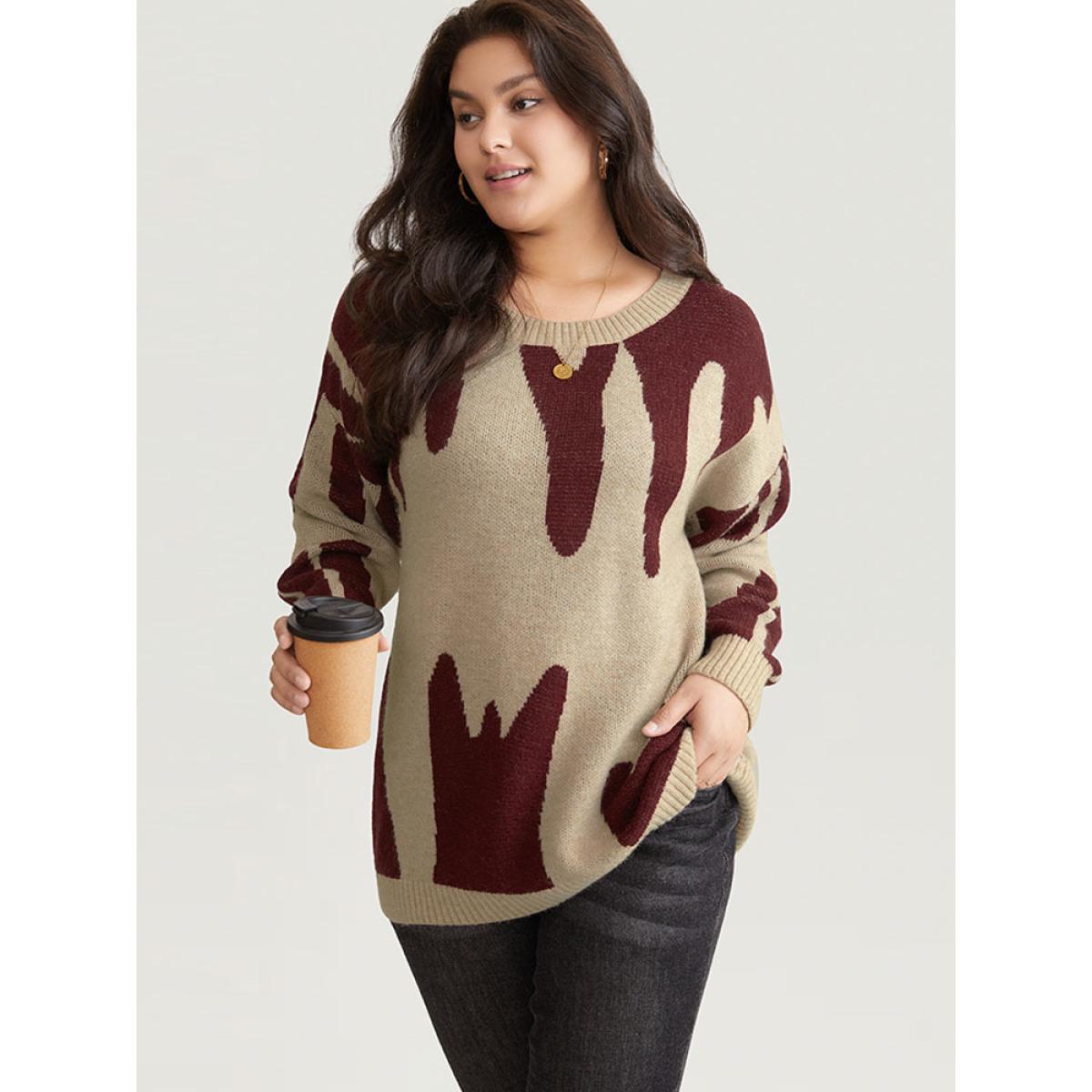 Plus Size Supersoft Essentials Asymmetrical Colorblock Jacquard Pullover Tan Women Casual Loose Long Sleeve Round Neck Dailywear Pullovers BloomChic 18-20/2X Product Image