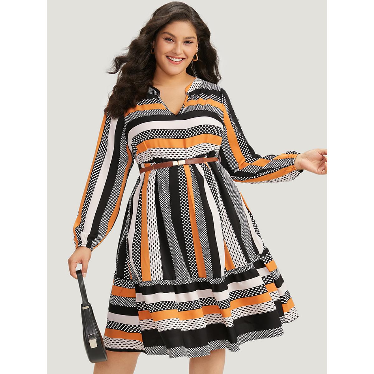 Plus Size Polka Dot & Striped Print Notched Pocket Dress Orange Women Office Elastic cuffs Notched collar Long Sleeve Curvy Midi Dress BloomChic 30/6X Product Image