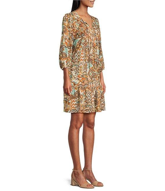 Nurture Printed Tassel V-Neck 3/4 Sleeve A-Line Dress Product Image