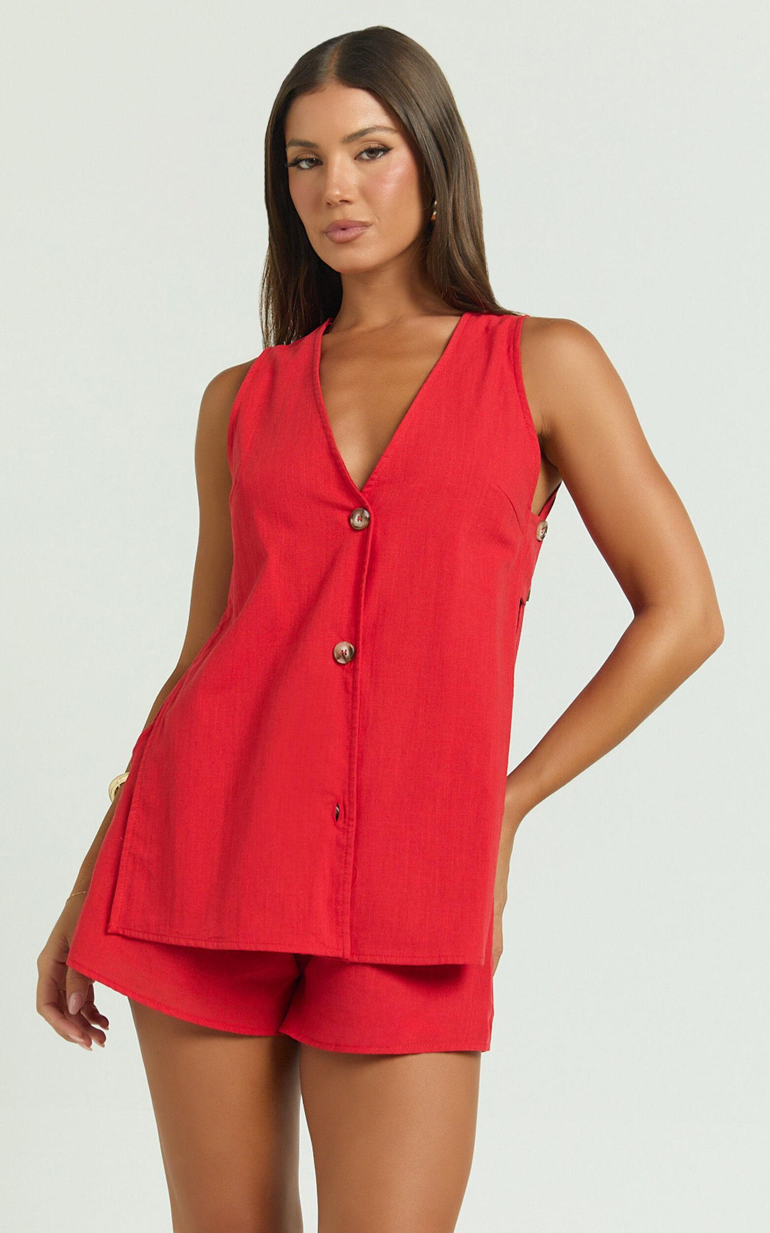 Devon Two Piece Set - Open Side Detail Top & Short Linen Look Set in Red Product Image