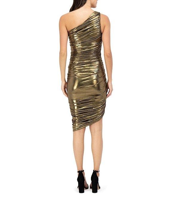 Vince Camuto Metallic Ruched Sheath Asymmetrical Neck Sleeveless One Shoulder At the Knee Dress Product Image