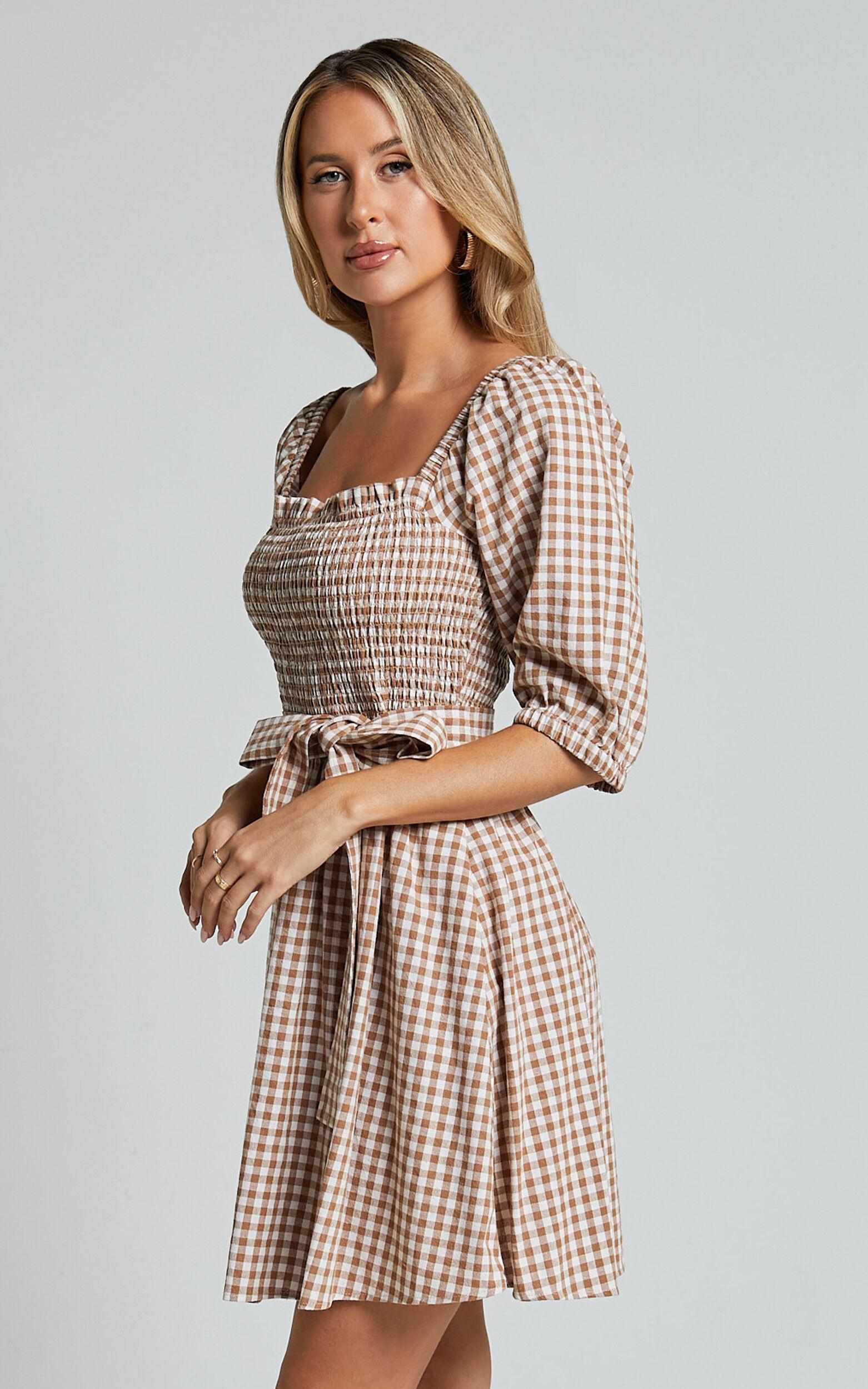 Liza Mini Dress - Shirred Bodice Short Sleeve Tie Dress in Caramel and White Gingham Product Image