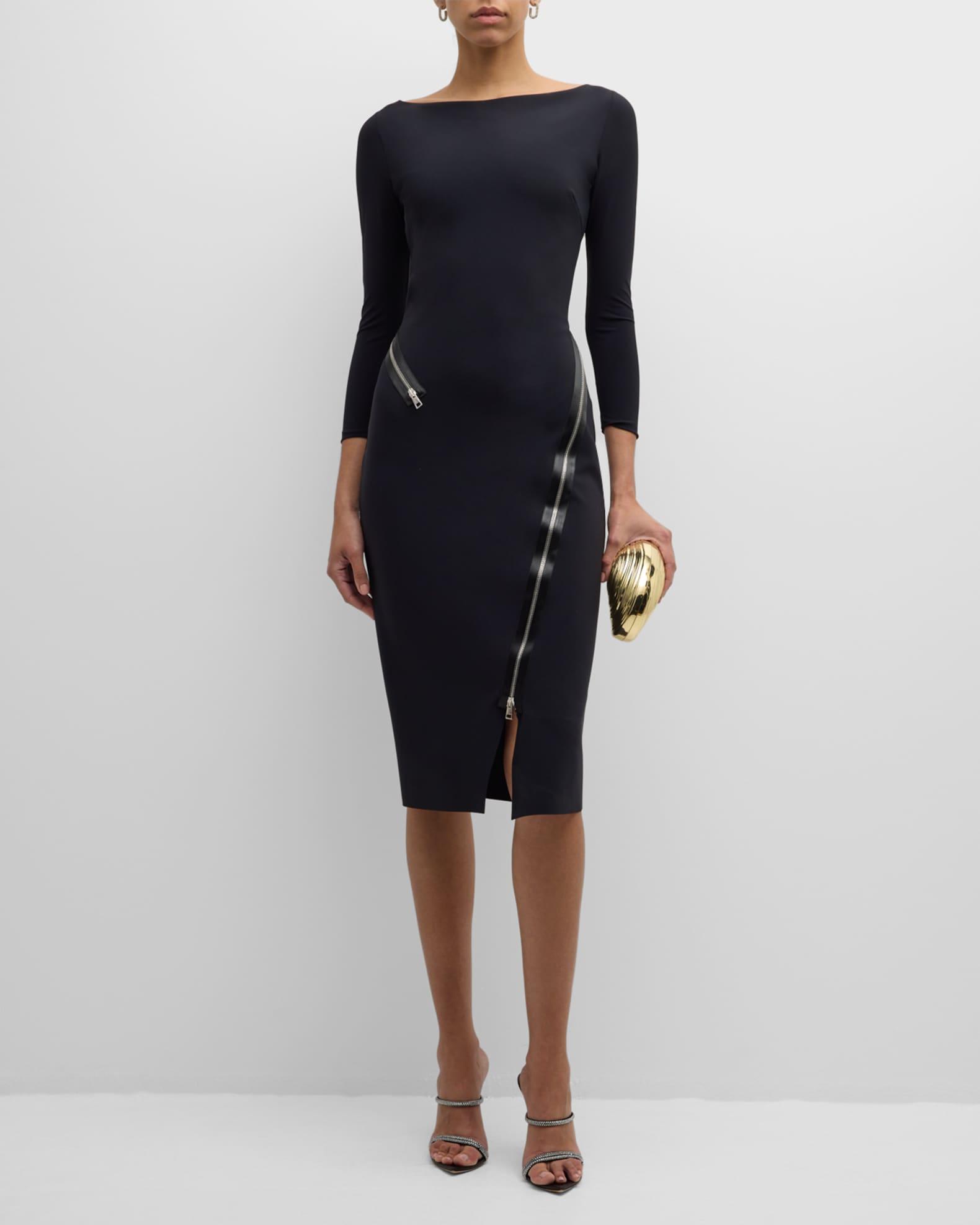 Bateau-Neck Zipper-Trim Bodycon Midi Dress Product Image